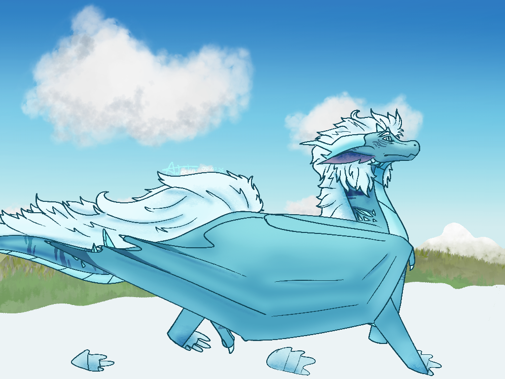 Arashi the ice dragon walking in the snow, snowy peaks in the background